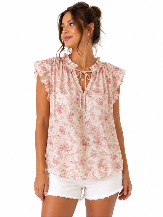 Maison D’Amelie Tops - Maison d’Amélie Paris Floral Ruffle Flutter Sleeve Tie Neck Blouse Size S